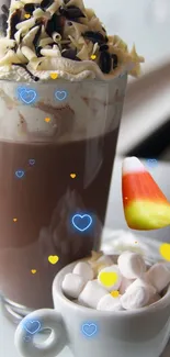 Rich hot chocolate with whipped cream and marshmallows on a cafe table.