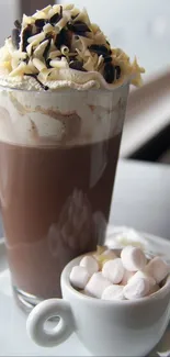 Hot chocolate with cream and marshmallows scene.
