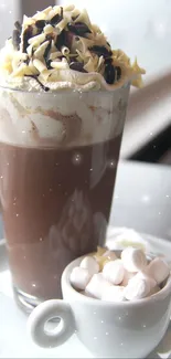 A rich hot chocolate topped with whipped cream in a cozy cafe setting.