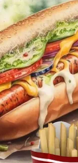Hot dog with vivid toppings and fries in a colorful wallpaper.