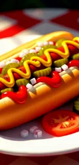 Hot dog with toppings on a white plate, perfect phone wallpaper.