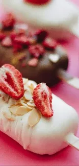 Ice cream bars with berries on pink background.