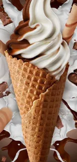 Creamy chocolate vanilla ice cream cone wallpaper.