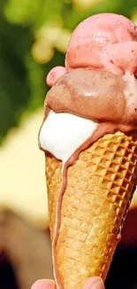 Melting chocolate and strawberry ice cream cone on a sunny day.