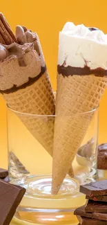 Ice cream cones with chocolate on an orange background.