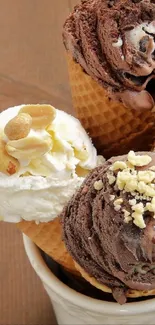 Ice cream cones with nuts on a wooden table.