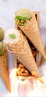 Creamy ice cream cones with pistachios and almonds on display.