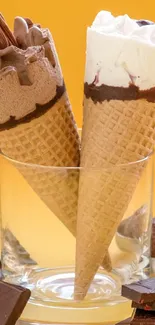 Chocolate and vanilla ice cream cones in a glass with chocolate pieces.