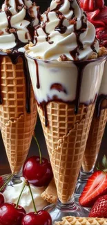 Three ice cream waffle cones with chocolate and fruits.