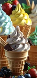 Colorful ice cream cones with berries and wafers.
