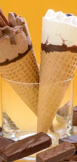 Two ice cream cones in a glass with chocolate pieces on orange.