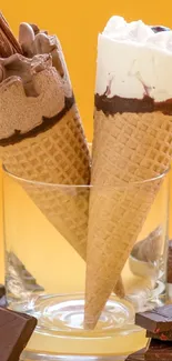 Creamy chocolate and vanilla ice cream cones in a glass.