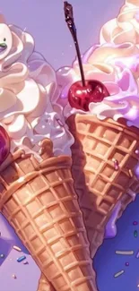 Artistic depiction of ice cream cones with cherries and sprinkles.