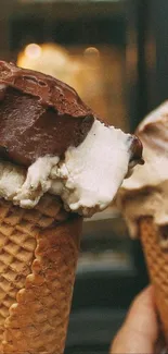 Close-up of delicious ice cream cones with chocolate and vanilla flavors.