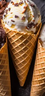 Three ice cream cones with chocolate, vanilla, and mint flavors on display.