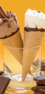 Two delicious ice cream cones against an orange background with chocolate chunks.