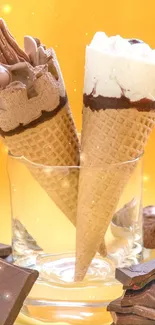 Two ice cream cones in glass against yellow background.
