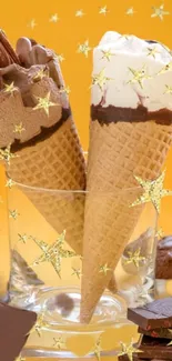 Two ice cream cones with stars and chocolate on a yellow background.