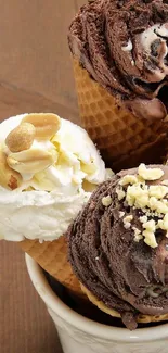A cup holding four delicious ice cream cones on a wooden surface.