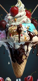 Delicious ice cream cone with strawberries and chocolate drizzles.