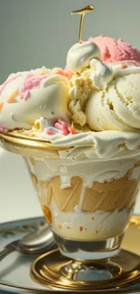 Glass cup with colorful ice cream scoops.