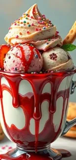 Ice cream sundae with strawberries and sprinkles in glass cup.