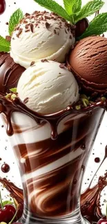 Ice cream sundae with chocolate and cherries in a glass cup.