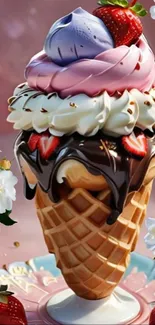 Colorful ice cream cone with chocolate and strawberries on pink background.