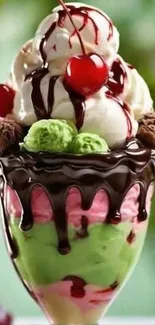 Bright ice cream sundae with chocolate and cherries.