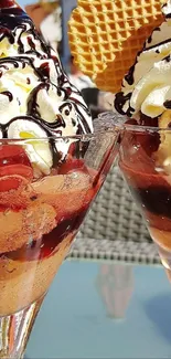 Ice cream sundae with chocolate syrup and waffle.