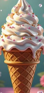 A decorative ice cream cone topped with sprinkles and surrounded by flowers.