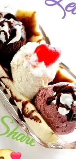 Ice cream scoops with chocolate syrup and fruit on a white dish.