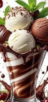 Chocolate and vanilla ice cream sundae with cherries and mint.