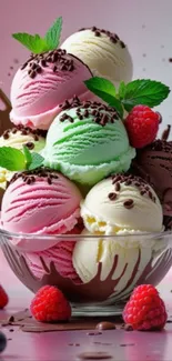 Colorful ice cream scoops with berries in a bowl.
