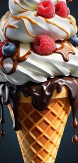Ice cream cone with berries and chocolate drizzle.