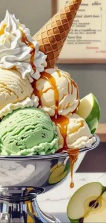 Ice cream sundae with caramel and apples in a bowl.