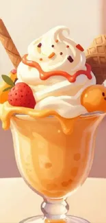 Ice cream sundae with fresh fruits and cones in a glass cup.