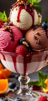 Luxurious ice cream dessert with fruits and chocolate syrup.