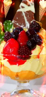 Ice cream with berries and chocolate in a glass bowl.