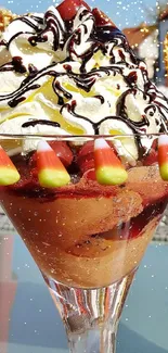 Colorful ice cream sundae with toppings on a patio table.