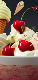 Ice cream, cherries, and cones in a bowl, creating a delightful dessert display.