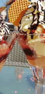 Delicious ice cream sundae with chocolate and waffle.