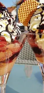 Two ice cream sundaes with cherries and whipped cream in glass cups.