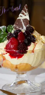 Ice cream dessert with berries and chocolate.