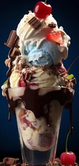 Luscious ice cream sundae with cherries and chocolate, vibrant on a dark background.