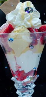 A vibrant ice cream sundae with strawberries and cream.