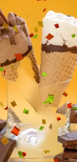 Ice cream cones with chocolate and sprinkles against a yellow backdrop.