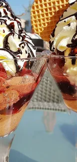 Ice cream sundaes with whipped cream and cherries in glass cups.