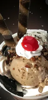 Yummy ice cream dessert with chocolate wafers, cherry, and Oreo cookies.