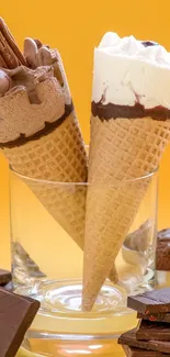 Chocolate and vanilla ice cream cones on a vibrant yellow background.